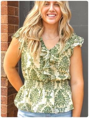 SKIES ARE BLUE Chiffon Peplum Blouse Floral Ruffle V-Neck Lined Smocked Waist